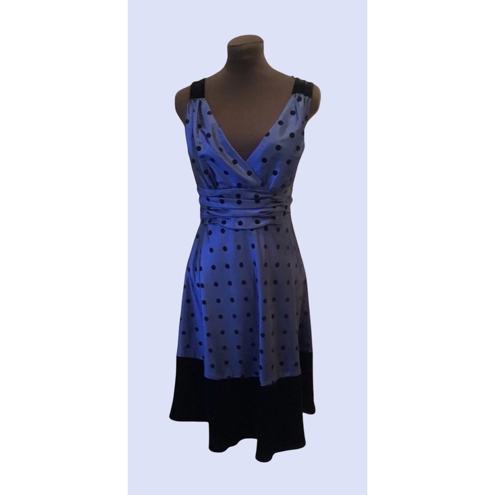 Donna Morgan Winter Velveteen Whimsical Blue & Black Polka Dot Party Dress Sz 8